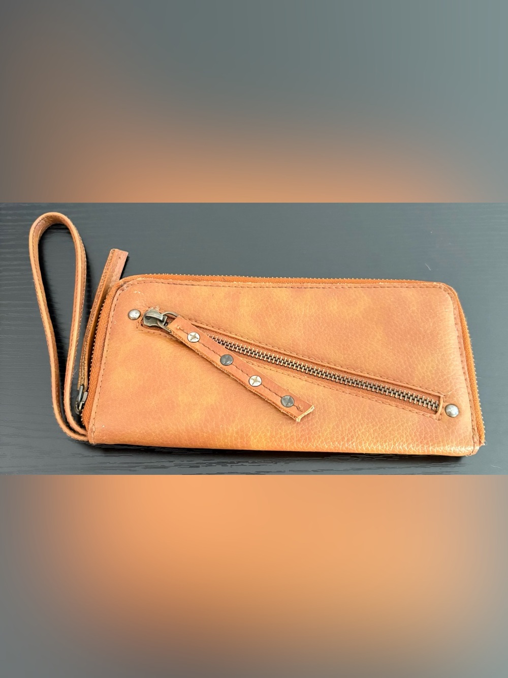 Free People Cognac Vegan Leather Studded Zip Around Wristlet Wallet Boho